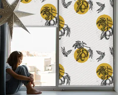 Blackout roller blind for window with fruits and yellow circles pattern
