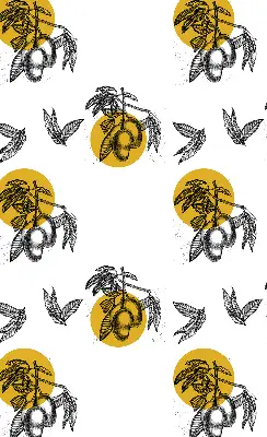 Blackout roller blind for window with fruits and yellow circles pattern