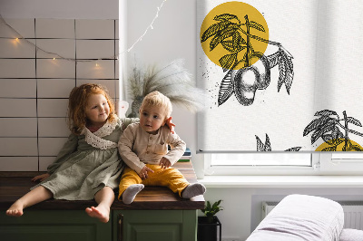 Blackout roller blind for window with fruits and yellow circles pattern