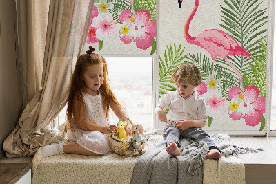 Fabric roller blind for window Flamingos by the leaves