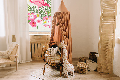 Fabric roller blind for window Flamingos by the leaves