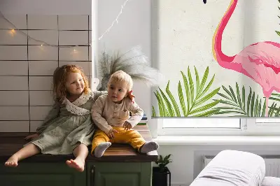 Fabric roller blind for window flamingos by the leaves print