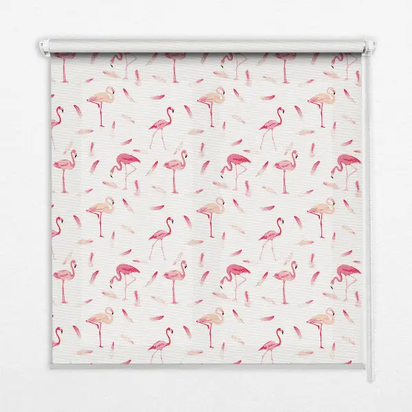 Blackout roller blind with flamingo and feather pattern