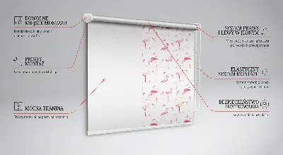 Blackout roller blind with flamingo and feather pattern