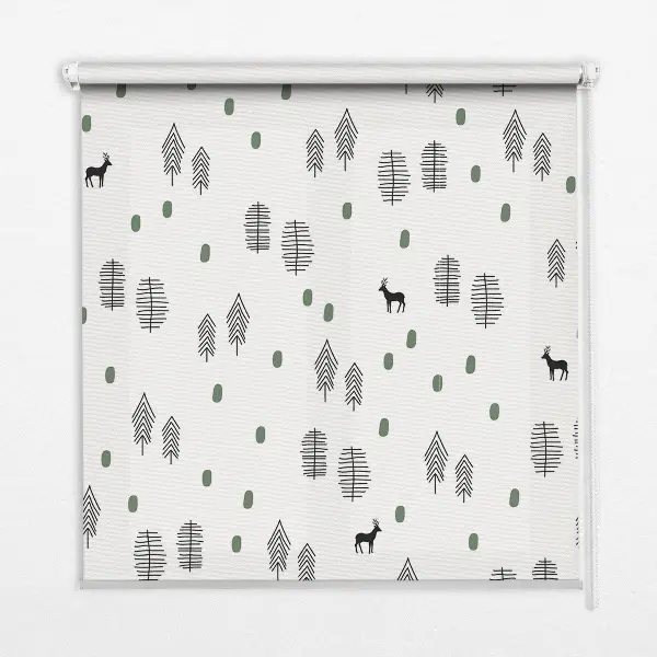 Blackout roller blind for window with drawn trees and deer print