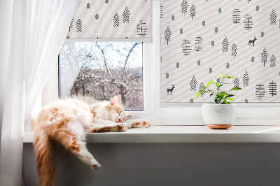 Blackout roller blind for window with drawn trees and deer print