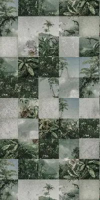 Fabric roller blind for window with tiled palm trees print
