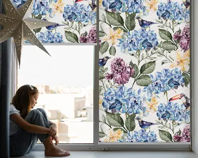 Blackout roller blind for window with toucans and flowers pattern