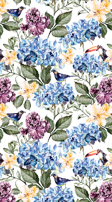 Blackout roller blind for window with toucans and flowers pattern