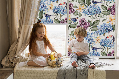Blackout roller blind for window with toucans and flowers pattern