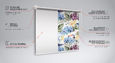 Blackout roller blind for window with toucans and flowers pattern