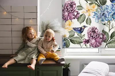 Blackout roller blind for window with toucans and flowers pattern