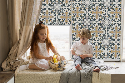 Blackout roller blind with a Moroccan tile pattern