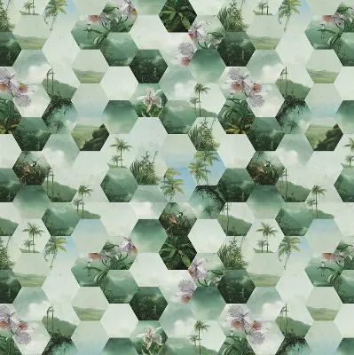 Fabric roller blind for window green hexagons pattern