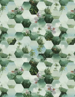 Fabric roller blind for window green hexagons pattern