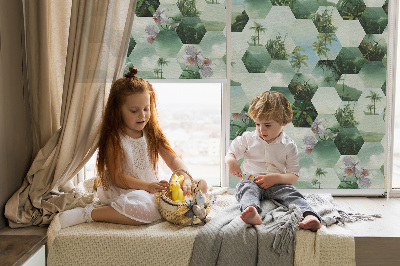Fabric roller blind for window green hexagons pattern