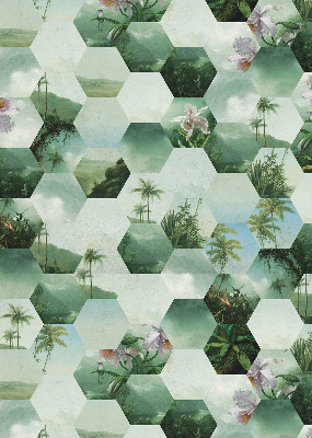 Fabric roller blind for window green hexagons pattern