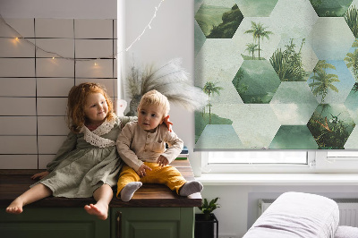 Fabric roller blind for window Green hexagons