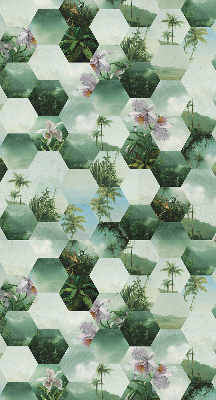 Fabric roller blind for window green hexagons pattern