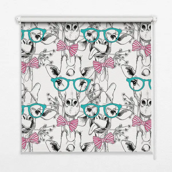 Blackout roller blind for window with giraffe and glasses print