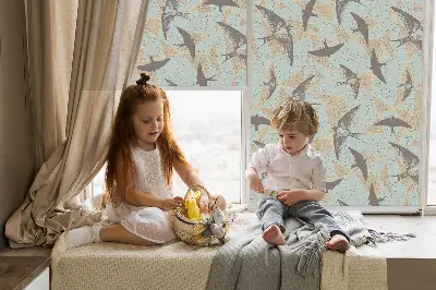 Fabric roller blind for window with Swallows pattern