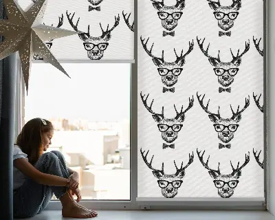 Fabric roller blind for window reindeer with glasses print
