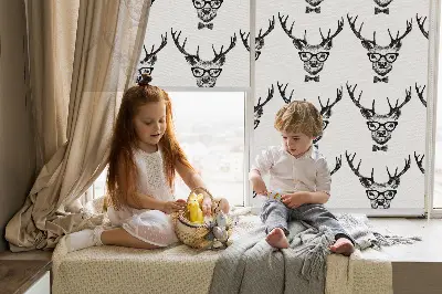 Fabric roller blind for window reindeer with glasses print