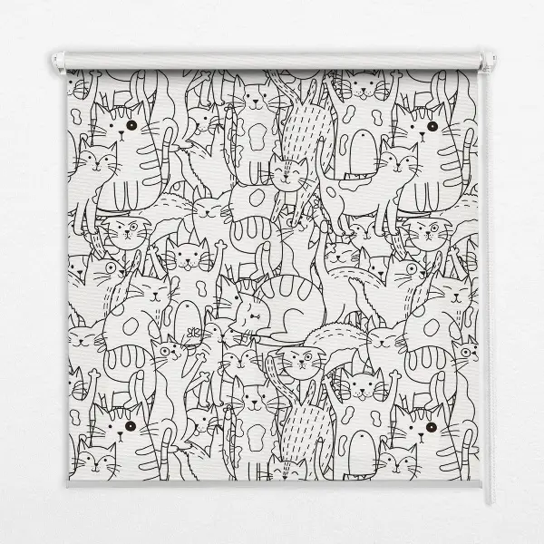 Blackout roller blind with a drawn cats pattern