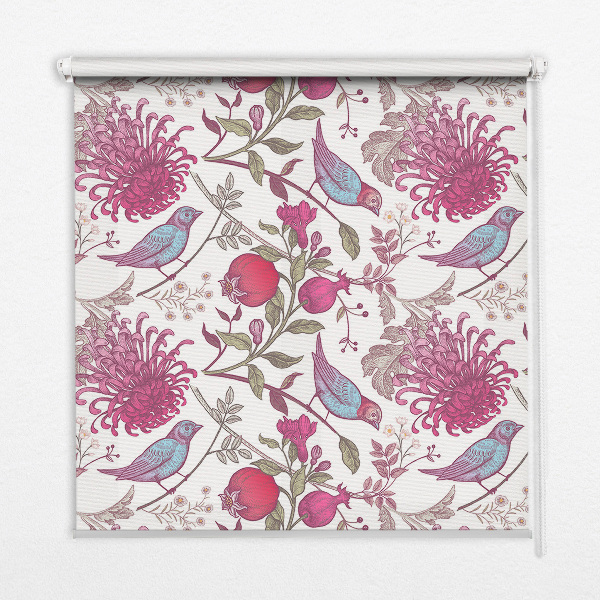 Blackout roller blind with a colorful birds among the flowers print