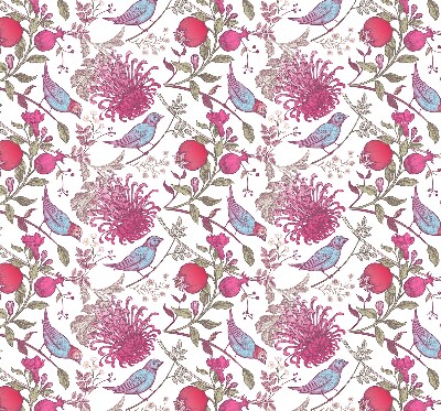 Blackout roller blind with a colorful birds among the flowers print