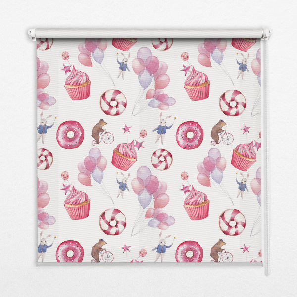 Blackout roller blind for window Pink balloons, donuts, and bunnies