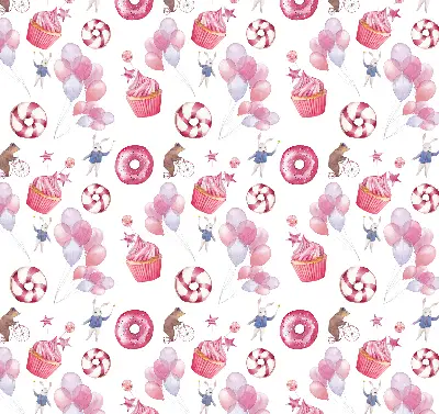 Blackout roller window blind pink balloons, donuts, and bunnies print