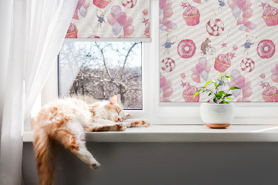 Blackout roller blind for window Pink balloons, donuts, and bunnies
