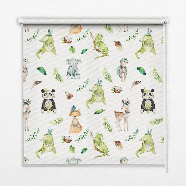 Fabric roller blind for window with animals and plants pattern