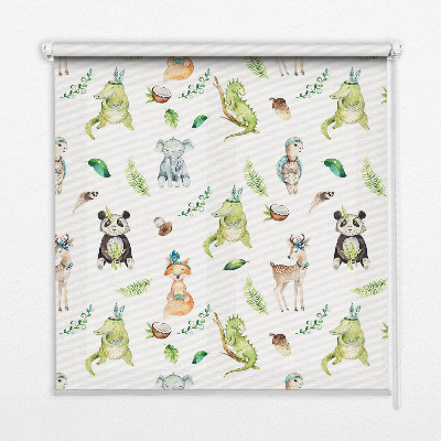 Fabric roller blind for window with animals and plants pattern