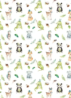 Fabric roller blind for window with animals and plants pattern