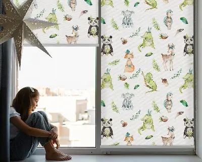 Fabric roller blind for window with animals and plants pattern