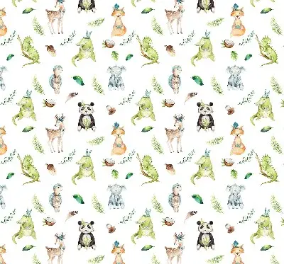 Fabric roller blind for window with animals and plants pattern