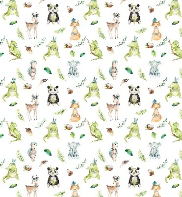 Fabric roller blind for window with animals and plants pattern