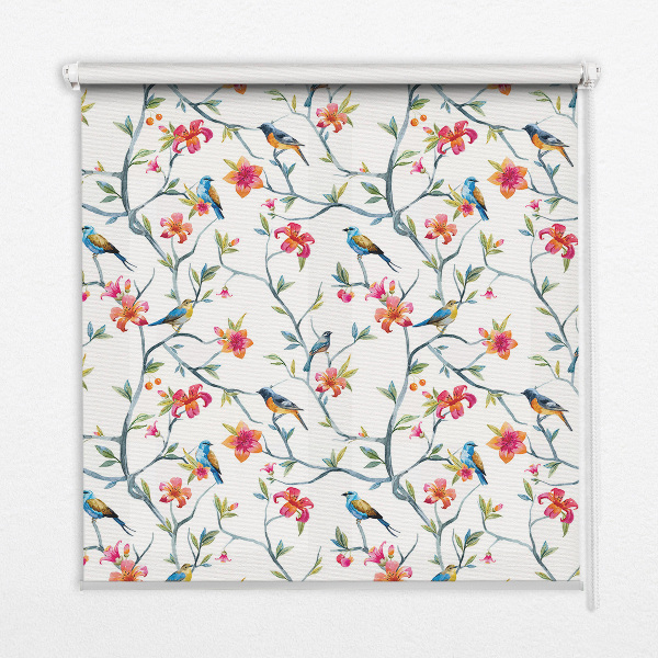 Fabric roller blind for window with bird on a branch design