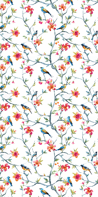 Fabric roller blind for window with bird on a branch design