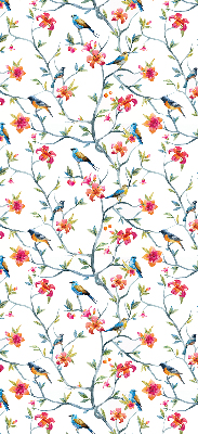 Fabric roller blind for window with bird on a branch design