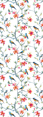 Fabric roller blind for window with bird on a branch design