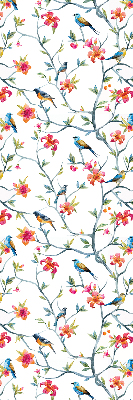 Fabric roller blind for window with bird on a branch design