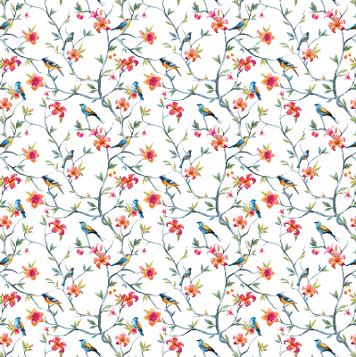 Fabric roller blind for window with bird on a branch design