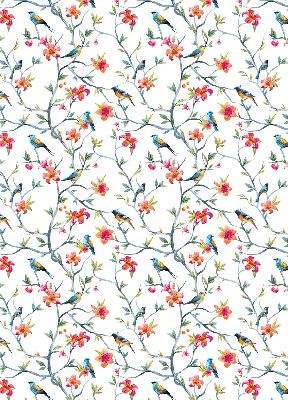 Fabric roller blind for window with bird on a branch design