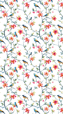 Fabric roller blind for window with bird on a branch design