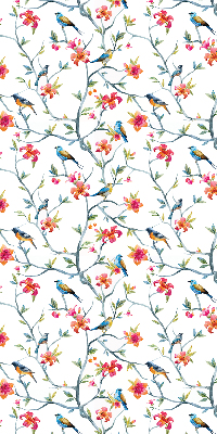 Fabric roller blind for window with bird on a branch design
