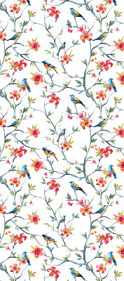 Fabric roller blind for window with bird on a branch design