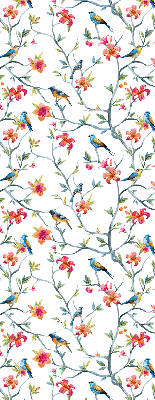 Fabric roller blind for window with bird on a branch design